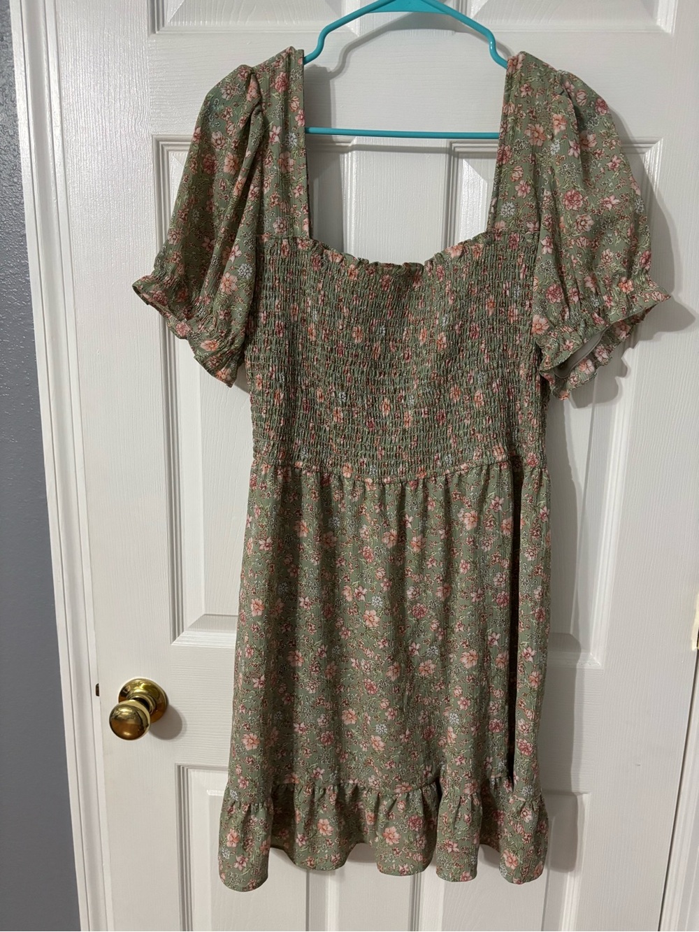 Smocked Floral Square-Neck Mini Dress in Sage Green